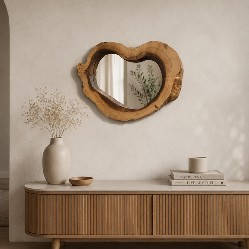 آینه دیواری چوب گردو ارگانیک ۶۰×۴۵ با قاب نامنظم در دکور مینیمال گرم