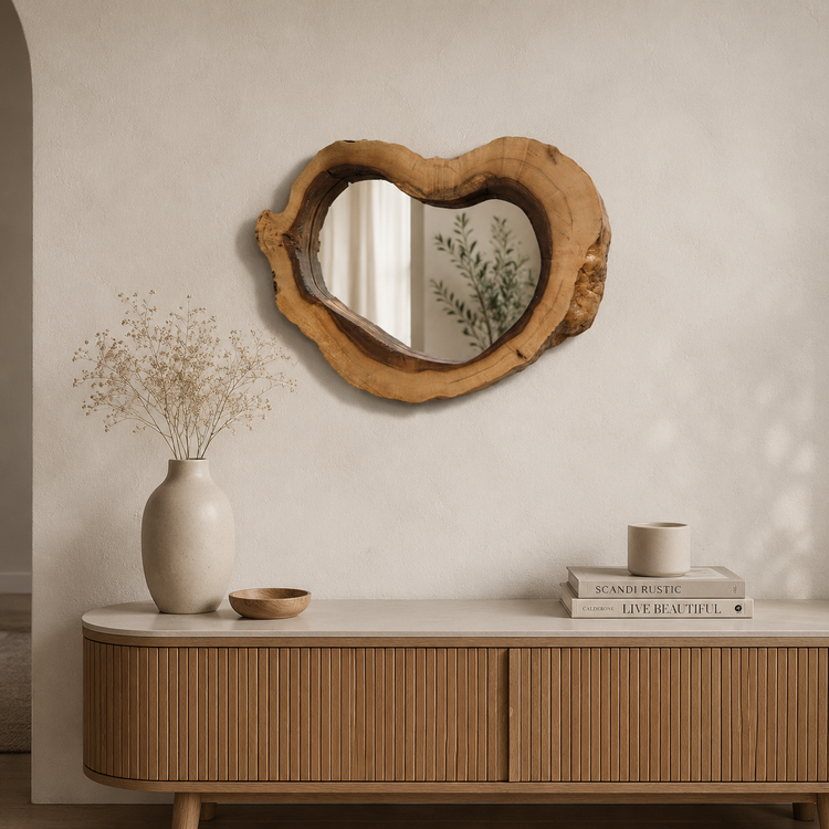 آینه دیواری چوب گردو ارگانیک ۶۰×۴۵ با قاب نامنظم در دکور مینیمال گرم