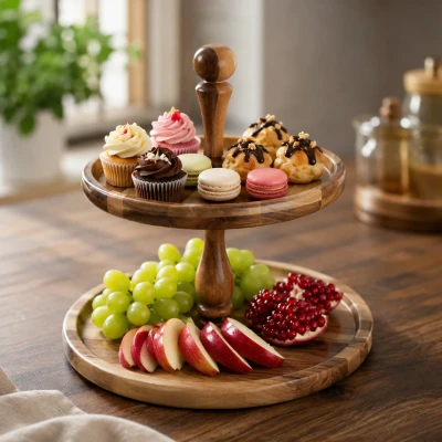 چیدمان دسر، میوه و شیرینی روی استند چوبی دو طبقه مستروود.