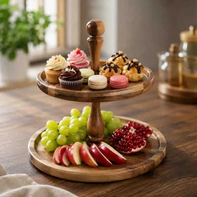 چیدمان دسر، میوه و شیرینی روی استند چوبی دو طبقه مستروود.