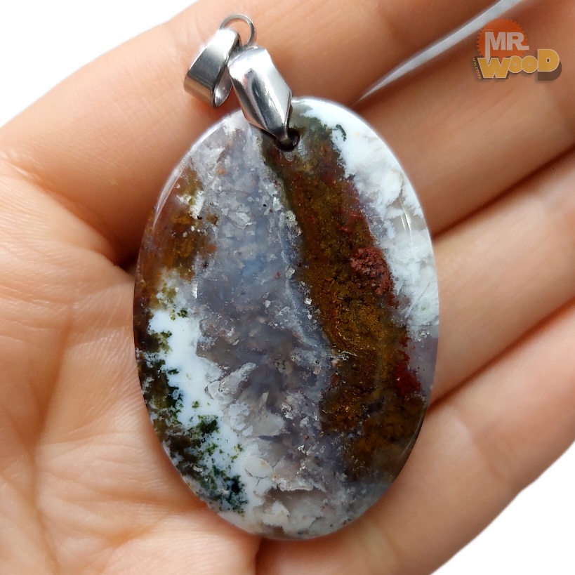 Dendritic Agate cabochon necklace, healing gemstone pendant with high mirror polish