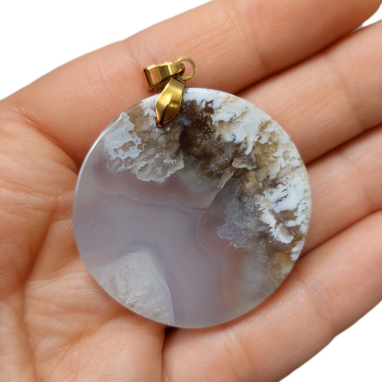 Round cabochon Dendritic Agate jewelry, mirror-polished natural stone pendant