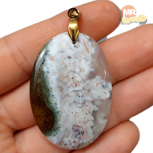 Oval Plume Agate necklace, natural Khorasan Schajar gemstone with green moss patterns