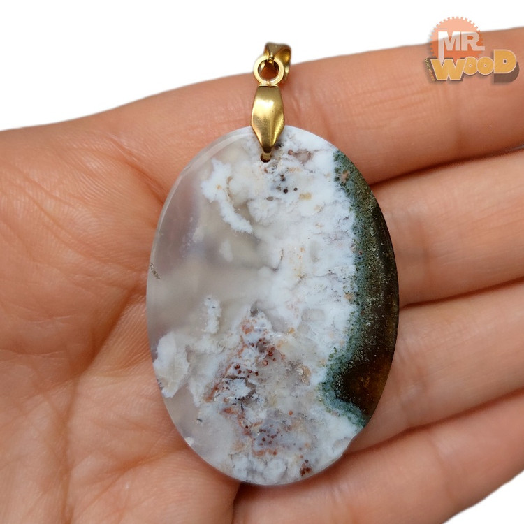 Handcrafted natural Agate jewelry, 4x3 cm mossy agate pendant with gold bail