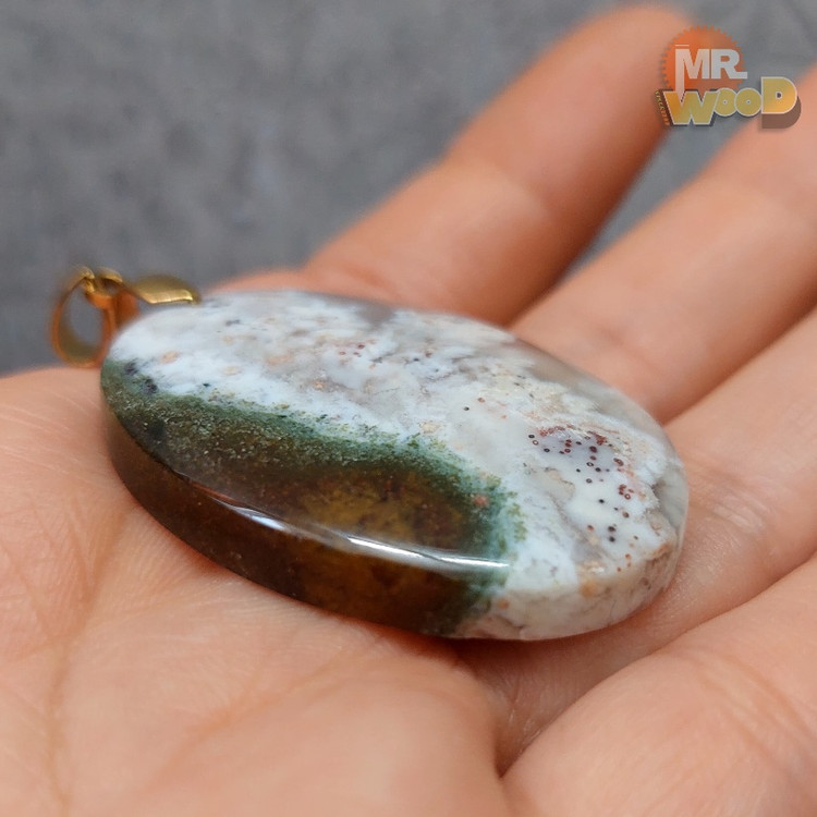 Spring Dendritic Agate pendant, oval cabochon with white and green natural inclusions