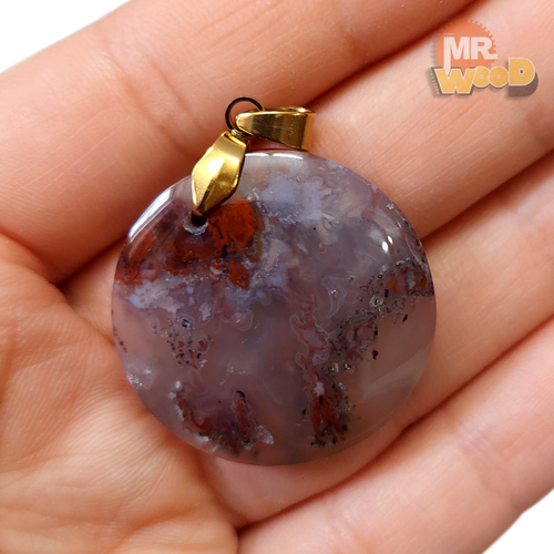 Round Dendritic Agate necklace, natural 3cm Khorasan stone with purple patterns