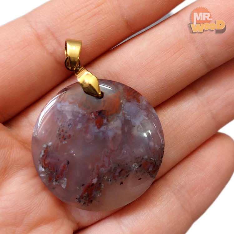 Circular Schajar Agate pendant, round cabochon with red and smoky inclusions