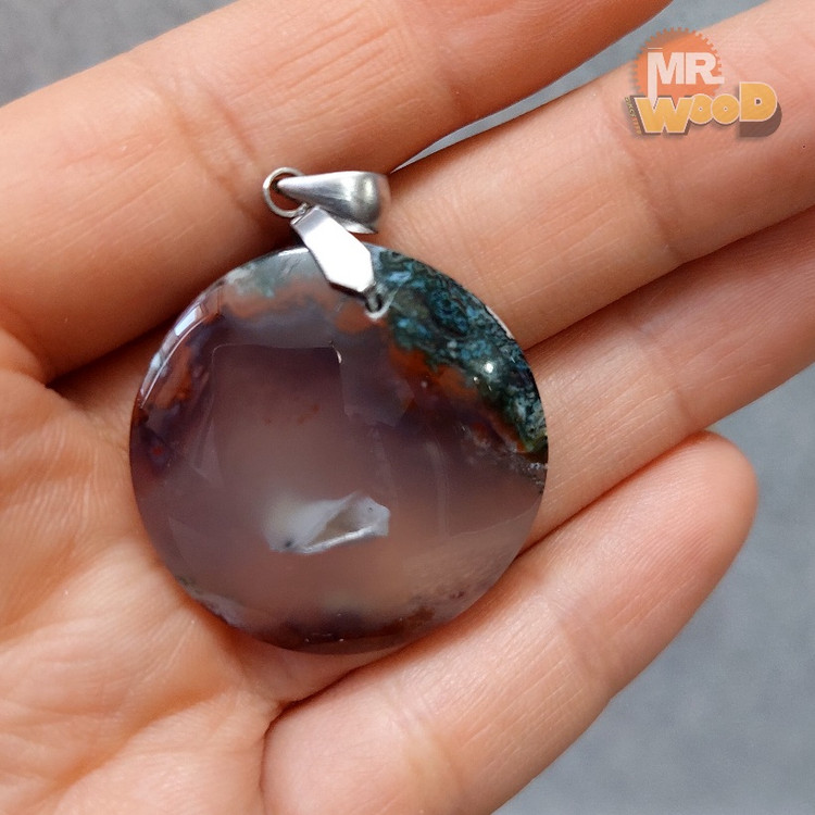 Round Dendritic Agate necklace, natural 3cm Khorasan stone with green moss inclusions