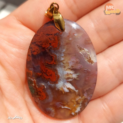 Oval Dendritic Agate pendant from Khorasan, natural red and white landscape stone