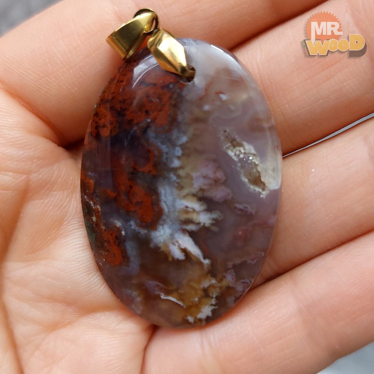 Natural Khorasan Shajar Agate necklace, oval cabochon with mirror polish