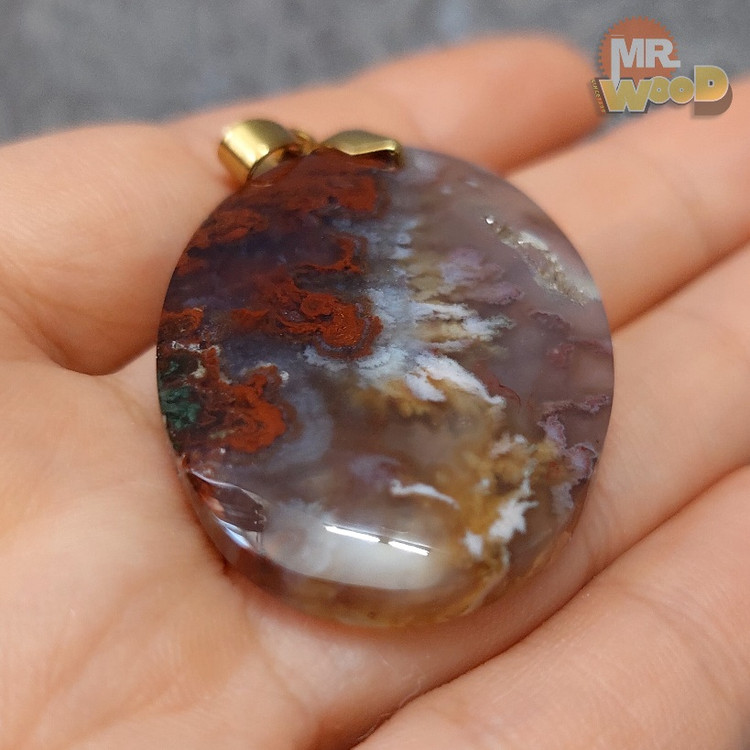 Large oval dendritic agate gemstone pendant with smoky lilac and red patterns