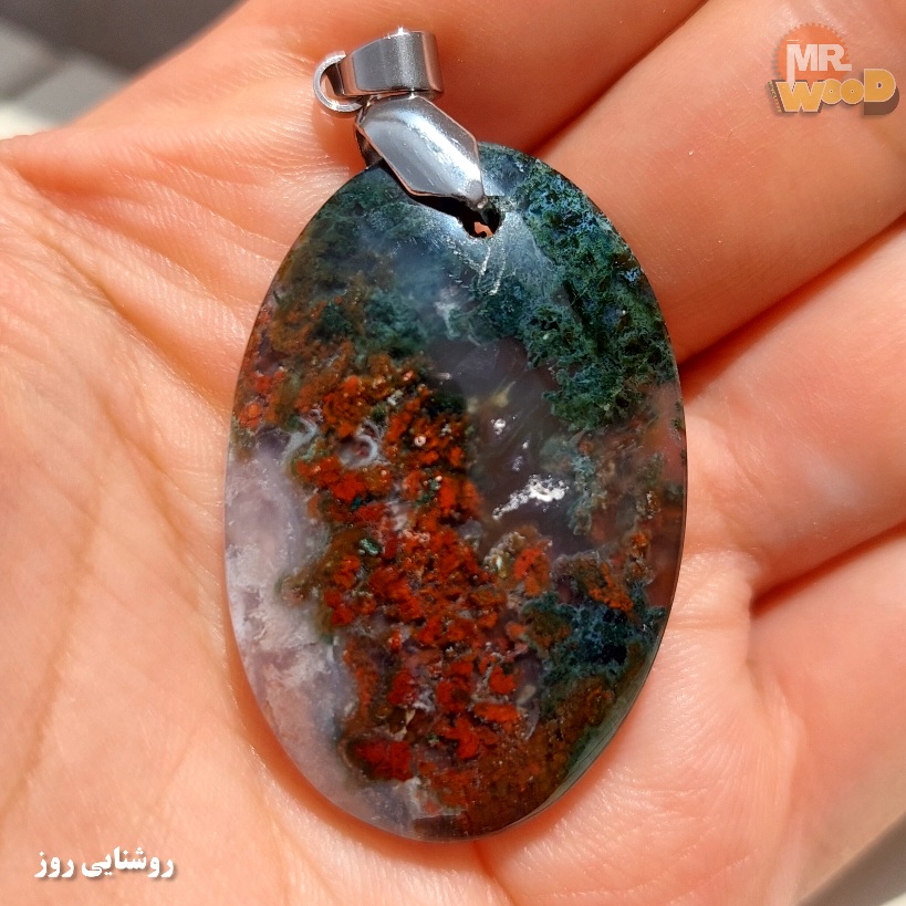 Natural Khorasan dendritic agate pendant with mystic dark green and red moss pattern