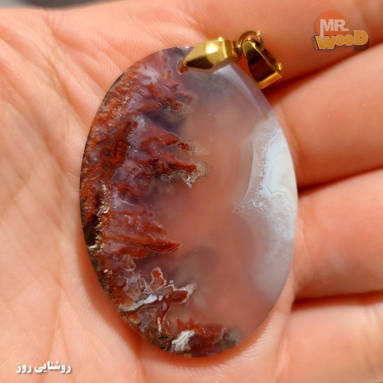 Natural Khorasan dendritic agate pendant with red cliff and mist pattern