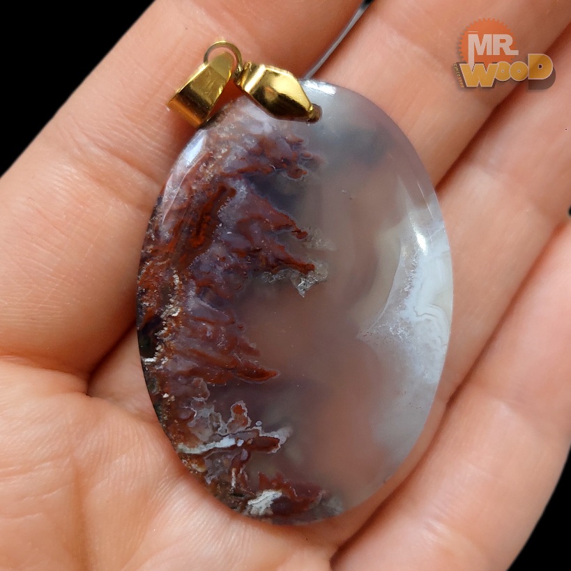 Oval Shajar agate necklace with mirror polish and scenic red inclusions