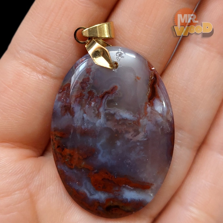 Oval Shajar agate necklace with misty gray and rusty red inclusions