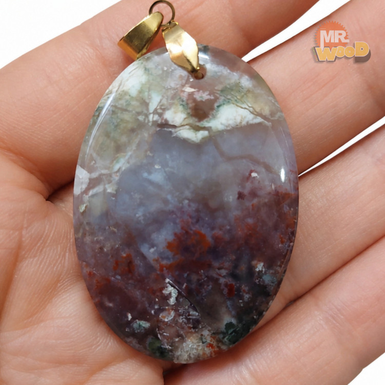Oval Shajar agate necklace with cloudy white and earthy natural inclusions