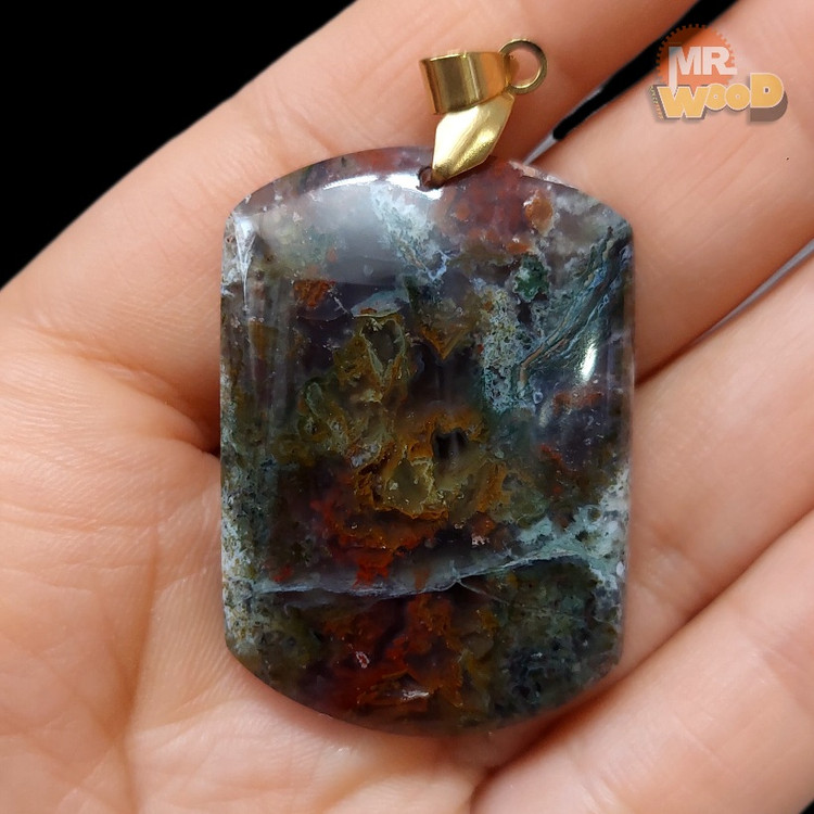 Rectangular Shajar agate necklace with mineral and earthy natural inclusions