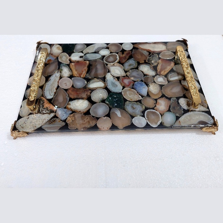 سینی دکوراتیو لوکس دستساز با سنگ عقیق اسلایس و رزین