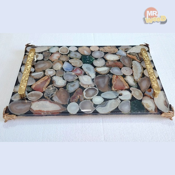 سینی دکوراتیو لوکس دستساز با سنگ عقیق اسلایس و رزین