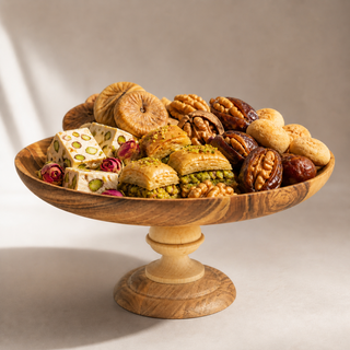 شیرینی خوری چوبی پایه دار مستروود از جنس چوب گردو طبیعی قطر ۳۰ سانتی متر